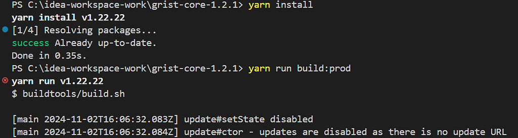 I encountered an error while trying to install grist-core using yarn ...